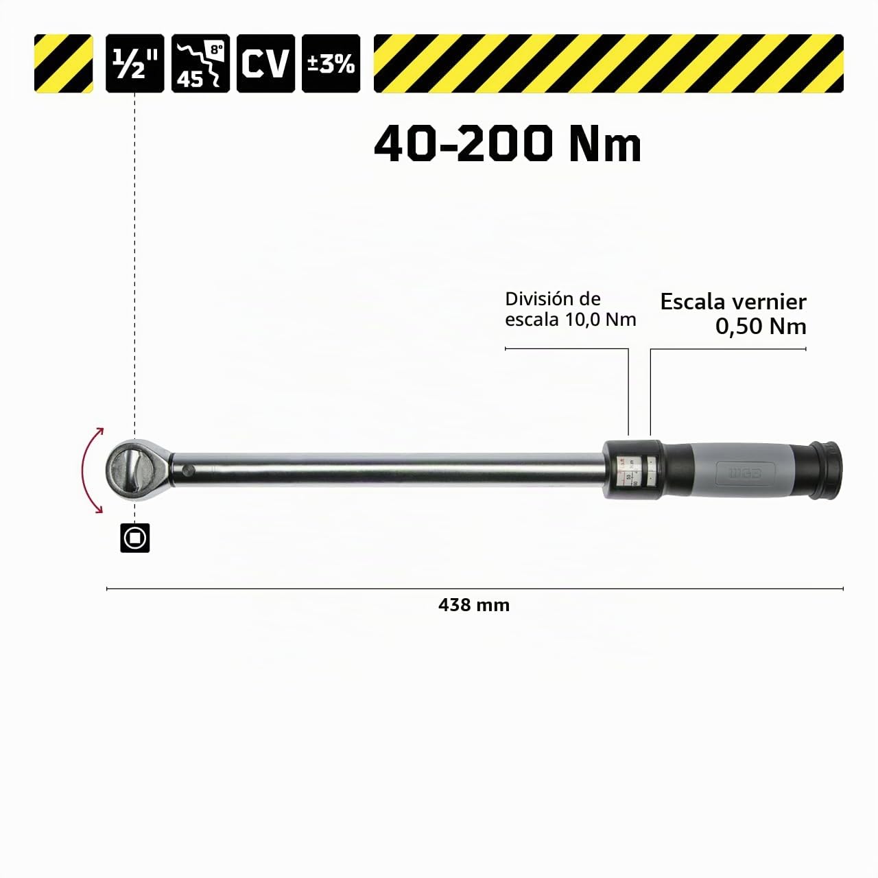 WGB Das Werkzeug Llave dinamométrica automática 1/2" para vehículos de motor, coches, motos y co. | 40 a 200 NM adecuada como llave de tuercas de rueda | Herramienta dinamométrica para automoción