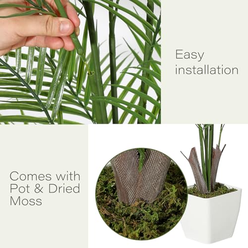 4FT Fake Palm Tree Faux Areca Palm Plants with 21 Full Lifelike Palm Leaves Realistic Trunks Fake Tropical Palm Tree for Indoor Home Office Outdoor Yard Décor with Trapezoidal Prism White Pot
