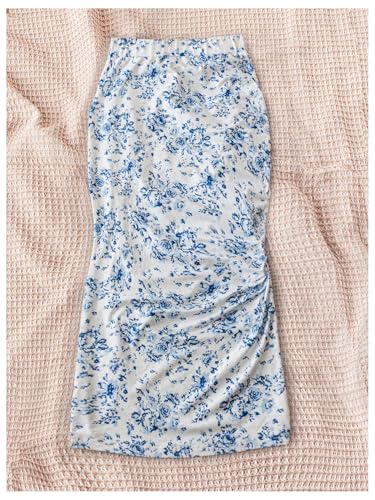 Milumia Women's Boho Floral Drawstring Split Thigh Ruched Bodycon Midi Skirts2