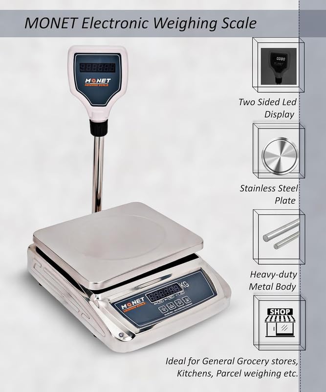 Image of MONET Weighing Scale With Pole | Made With Mild Steels | Green Display Light | For Industrial Commercial Use | Weight Limit 30kg With 2g Accuracy