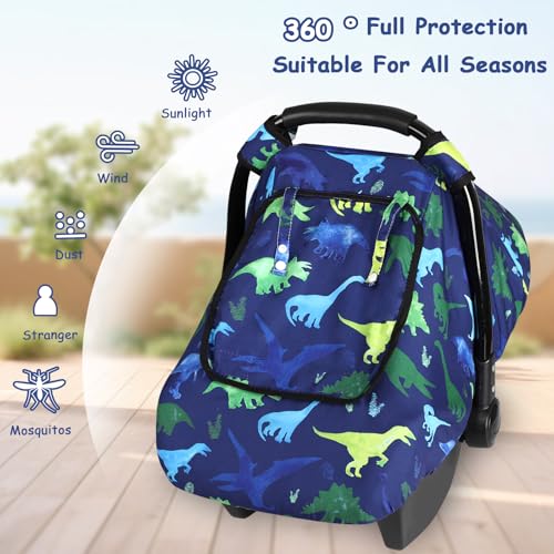 Image of Windproof Baby Car Seat Cover, 3D Mink Dot Infant Car Seat Canopy with Breathable Mesh Window, Baby Carrier Cover for All Seasons, Easy Access Carseat Carrie Snug Fit Stroller, (Dinosaur)