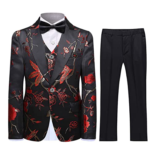 Swotgdoby Boys Gold Paisley Floral Suit Tuxedo Slim Fit Embroidery 3 Pieces Suit Set Blazer Vest Pants cover