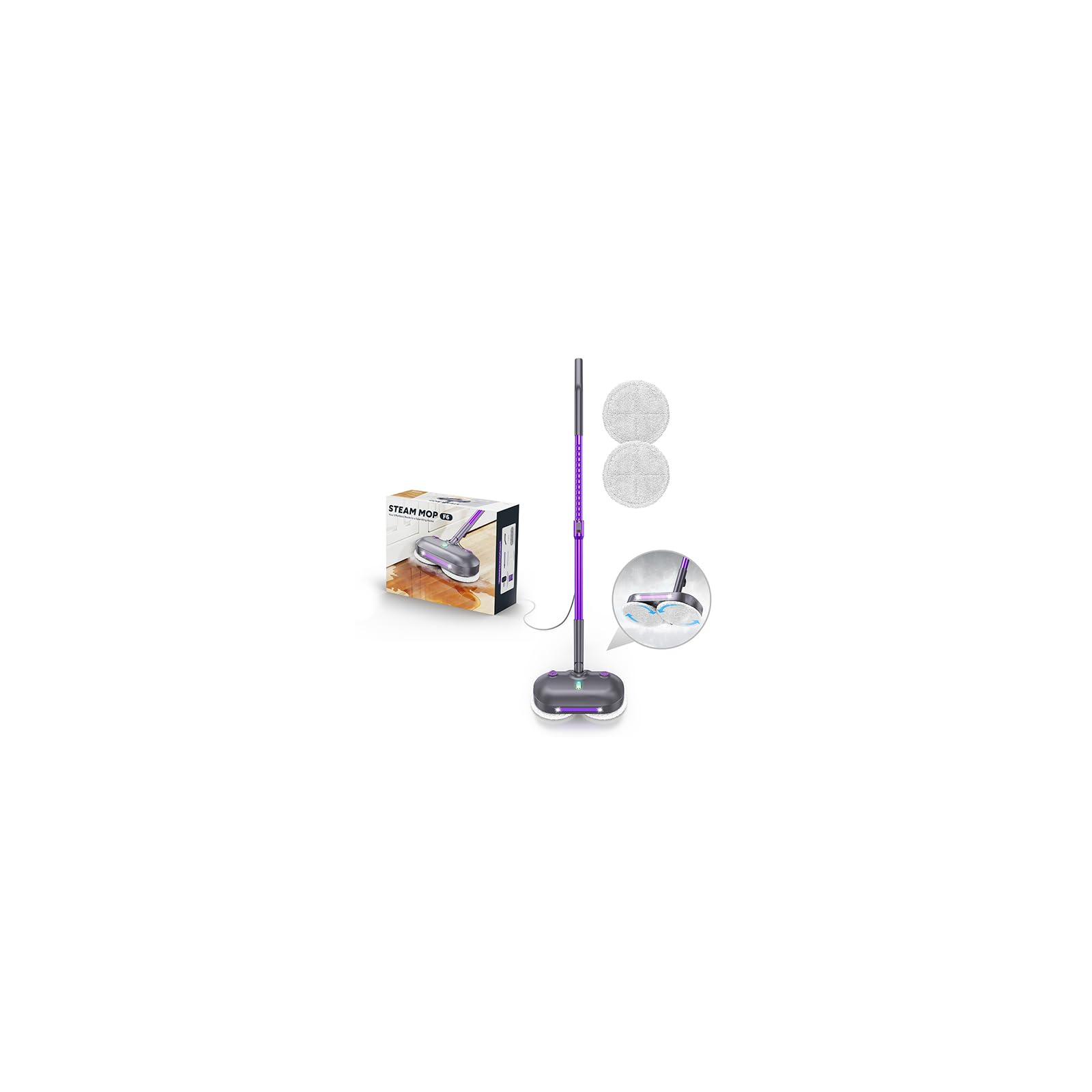 Fregona de vapor y fregona con almohadillas giratorias, limpiador de suelos para fregar y desinfectar, tanque de agua XL, cable de 23 pies, faros LED, almohadillas reutilizables y autónomo para suelos