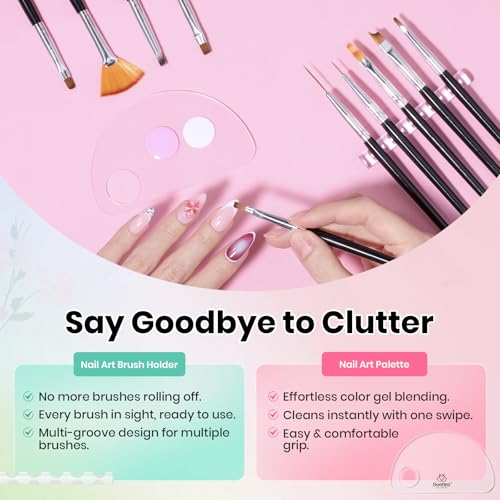 Image of Beetles Nail Art Brushes, 25pcs Nail Art Pens Daul Ended Dotting Tools | Striping Liner Brushes for Nails Detail Drawing Nail Art Tools with Palette Brush Holder, DIY Home Manicure Design Set