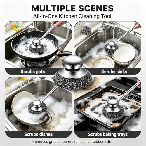 Image of Steel Wool Scrubber with Stainless Steel Handle for Cast Iron(3pcs) | Scouring Scrubber, For Pots and Pans, Grill and Stove Use, Sink Cleaning, 1 Piece