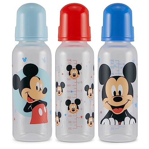 Image of Baby Bottles 9 oz for Boys and Girls| 3 Pack of Disney Mickey Mouse Pose Infant Bottles for Newborns and All Babies | BPA-Free Plastic Baby Bottle for Baby Shower