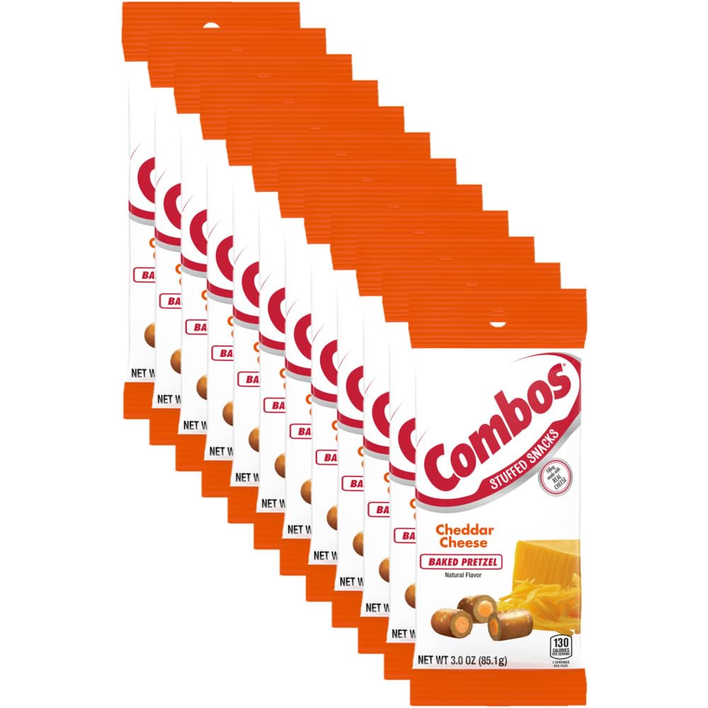 COMBOS Stuffed Snacks Cheddar Cheese Baked Pretzel Snacks, 3.0 Oz Pretzels Individual Bags (Pack of 12)