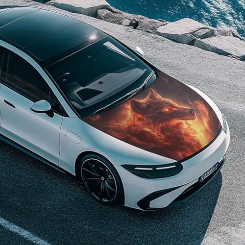 Image of Flame Wolf Design Car Hood Cover Polyester,Engine Protection Cover,Elastic Fabrics Can be Washed,Car Bonnet Banne