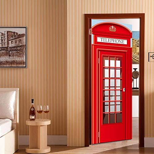Etiqueta De La Puerta 3D Cabina telefónica roja 77 x 200cm(An x Al) Vinilo Adhesivo Fotográfico Pegatina Vinilos Decorativos Para Puerta Pared Cocina Dormitorio Sala De Baño Art Decoración
