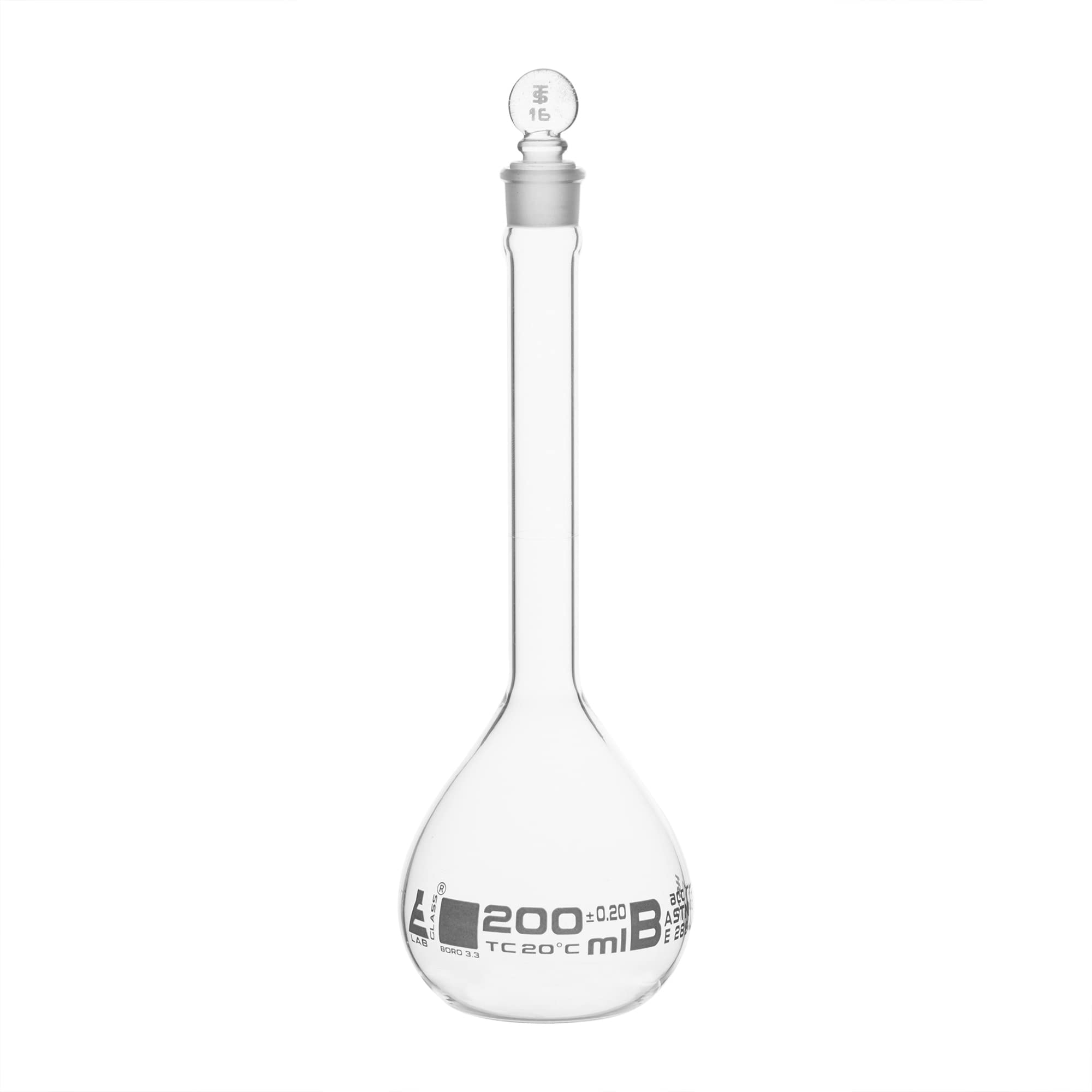 Eisco Volumetric Flask, 200ml - Class B, ASTM - Tolerance ±0.200 ml - Glass Stopper - Single, White Graduation - Labs