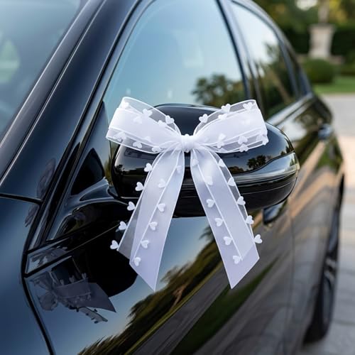 Lyramis 20 Pièces Noeud Voiture Mariage,Decoration Voiture Mariage Tulle Blanc Ruban Nœud Champetre Décoration,Wedding Car Nœuds Deco Kit Boucles De Ruban...