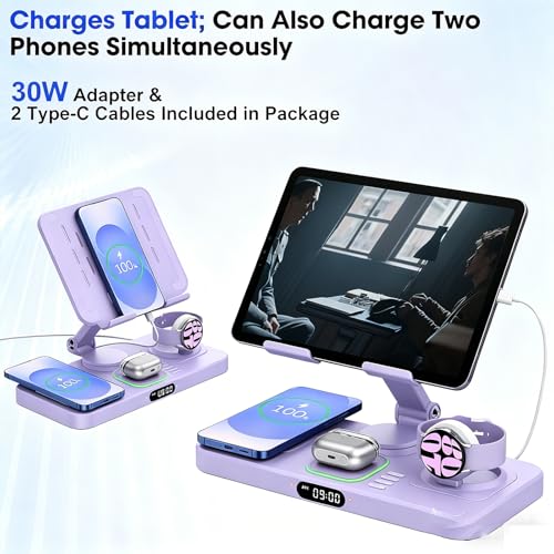 Image of 30W Tablet Wireless Charger for Samsung, Foldable Android Charging Station with Clock Display with 7-Color Light, Wireless Watch Charger for S25, Only Compatible Samsung Watch, Galaxy Buds3 Pro(Purple