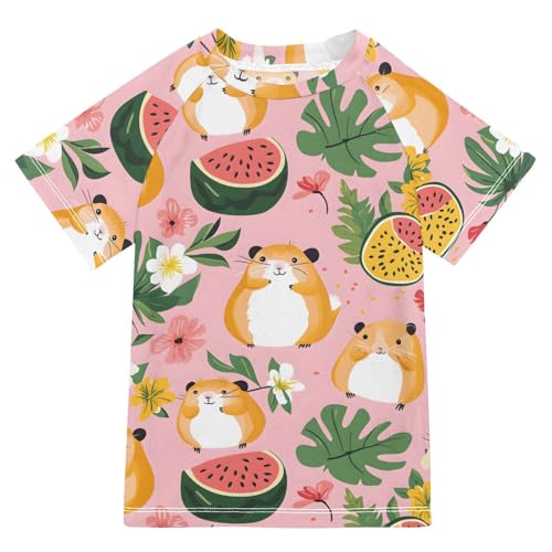 ALAZA Kids Rash Guard Girls Toddler Swim Shirts Short Sleeve Hamster Watermelon Flower UPF 50+ 3T