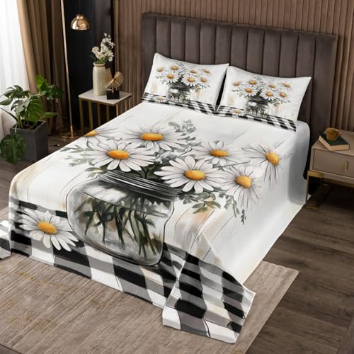 Daisy Flowers Bedspread Set Queen Size for Kids,Boys Girls White and Yellow Quilt Set Rustic Farmhouse Bedspread Coverlet Wood Panels Bedspread 3 Piece Decorative Bedding Quilted with 2 Pillow Shams