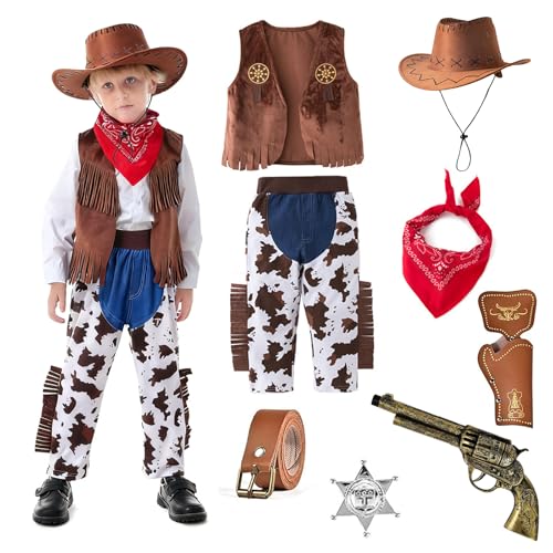 BOYIFEIJIE Costume de Cowboy Western Enfant 3–11 Ans avec Chapeau de Cowboy Enfant, Gilet, Pantalon, Ceinture, Foulard Rouge & Accessoires, Tenue de...