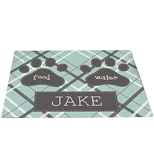 GiftsForYouNow Plaid Personalized Pet Feeding Mat, Mint