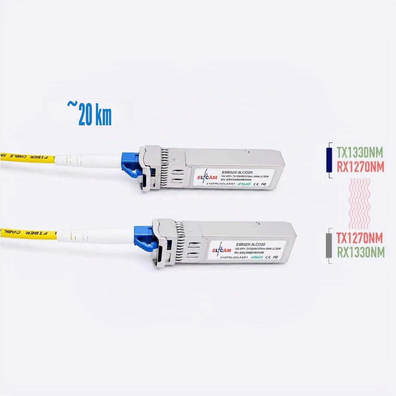 Elfcam® - 2 Piezas 10G SFP+ Bidi Modulo, Conector Fibra Optica LC/UPC Monomodo Simplex, TX1270nm / RX1330nm y TX1330nm / RX1270nm, DDM 20KM
