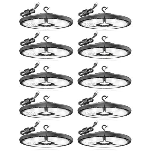 RUNBARRY High Bay LED Shop Lights, 300W 48,000LM UFO LED High Bay Light with US Plug 6FT, IP65 Waterproof UFO Light for Workshop Stadium Garage Lighting – 6000K Daylight 10 Pack
