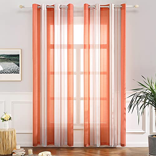 MIULEE Cortinas Salon Modernas con Rayas Blanco y Naranja, Bonitas Cortinas Dormitorio Juvenil con Ojales, Translucidas Visillos para Ventanas Habitacion, Visillos Salón 2 Piezas, 2X A140xL215CM