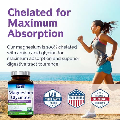 innate vitality magnesium glycinate 500mg  70mg elemental magnesium supplement- high absorption non buffered non-gmo amp no gluten - nerve muscle bone health - 120 vegan capsules magnesio