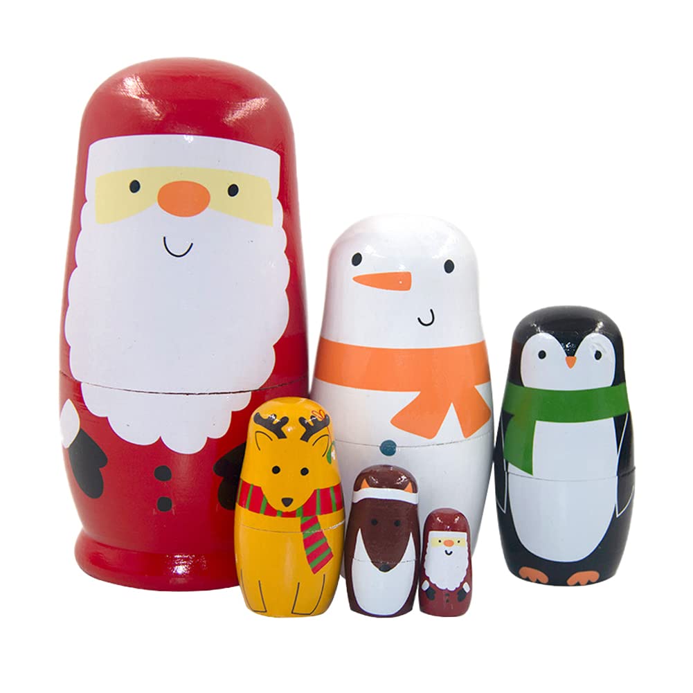 Liummrcy Reusable Christmas Decorations, Wooden Russian Nesting Dolls Santa Claus Penguin Elk Snowman Stacking Doll Set Christmas Toys 6PCS