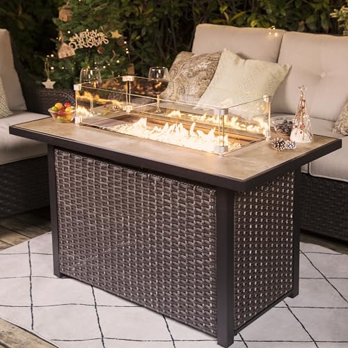 Nuu Garden Outdoor 43' 50,000 BTU Propane Gas Fire Pit Table, Ceramic Tabletop and Rattan Weaved Iron Frame, Water-Proof Oxford Cover, Glass Wind Guard, Glass Beads, Lid Included, Dark Brown & Coffee