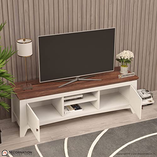 Image of DecorNation Eden Wooden TV Unit Table - Two Compartments with Door, Walnut Finish Tabletop for Living Room, Bedroom, Office Furniture Stand (60 inch x 16 inch x 18 inch, White)