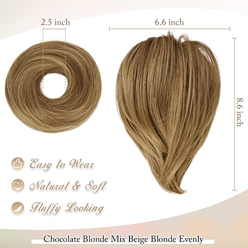 Barsdar Hair Bun Ponytail Extension, Straight Synthetic Hairpiece Fully Short Ponytail Bun Extensions Hair Accessories Elastic Easy Scrunchie For Women（ Light Golden Brown & Pale Golden Blonde Evenly #TOP1