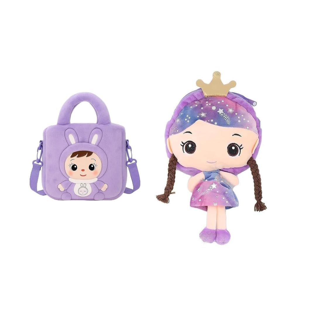 Classy Bag Galaxy Princess Doll Backpack + Bunny Plush Bag Combo for Girls | Soft Velvet Toy School Bag Set – Lightweight & Cute (Purple, 2 pcs)-picture-48