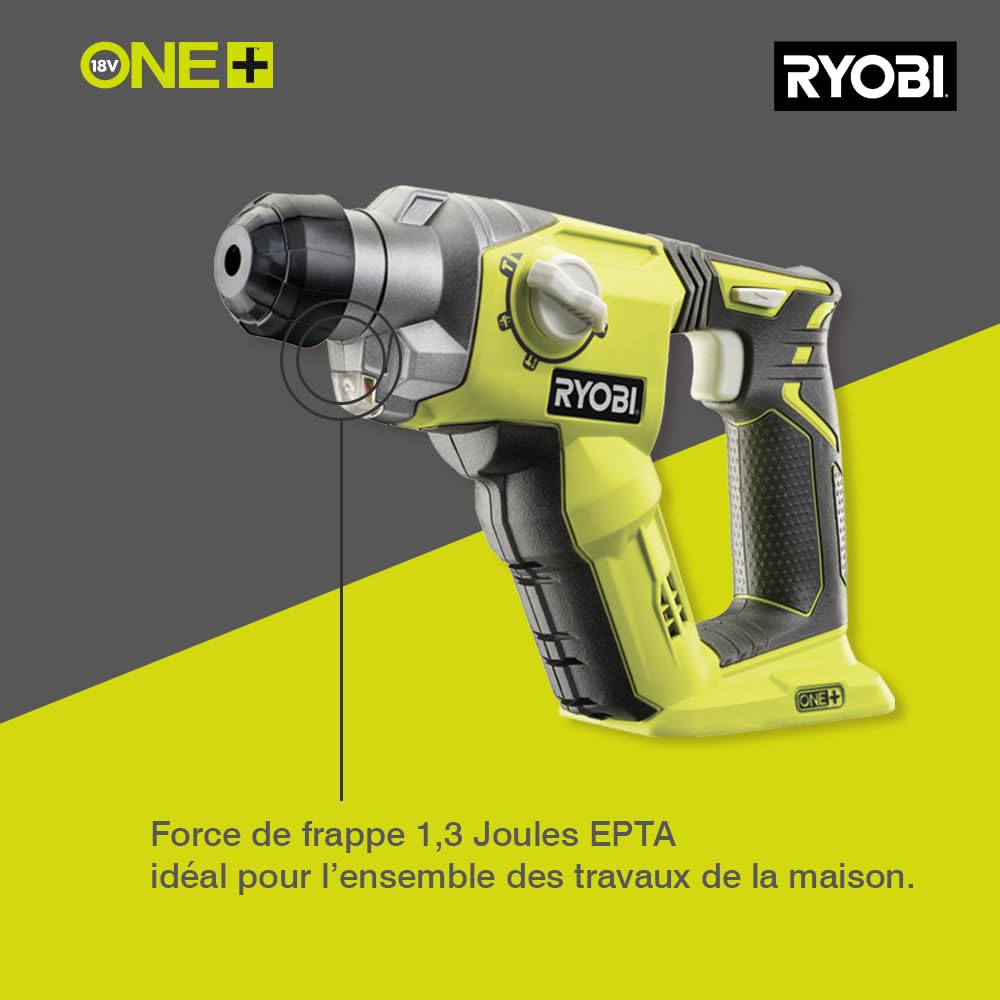 RYOBI - Perforateur SDS+ Sans Fil 18V ONE+ R18SDS-0 – 4 Modes, Mandrin SDS+, Perçage Béton, Brique, Mode Burineur – Batterie Non Incluse
