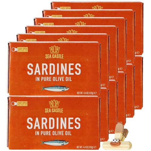 Sea Castle Sardines Pure Olive Oil – 12 Pack 4.4 OZ Cans – Boneless Skinless Sardines – Boneless Skinless in Pure Olive Oil – Skinless Boneless in Olive Oil with a Random Item – 13 items