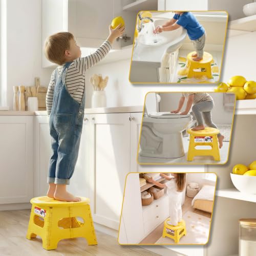 Image of ACSTEP 9 Inch Folding Step Stool for Kids, Sturdy Collapsible Step Stool Foldable Up to 300 lbs for Toddlers, Non Slip Foot Stools with Handle for Kitchen, Bathroom, Bedroom, Outdoor, Lemon Yellow