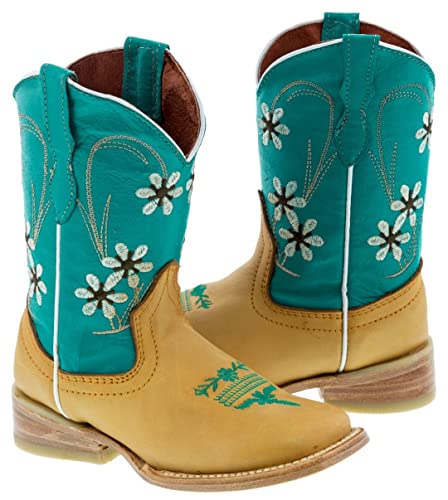 Girls Baby Blue Yellow Floral Embroidery Kids Boots Square Toe2
