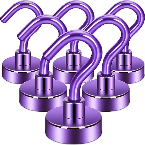 Image of Neosmuk Magnetic Hooks, 22 lb+ Heavy Duty Earth Magnets with Hook for Refrigerator, Extra Strong Cruise Hook for Hanging, Magnetic Hanger for Cabins, Grill (Purple, Pack of 6)