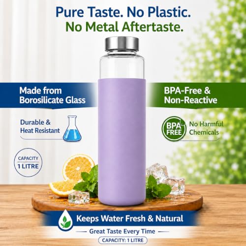 Image of Borosilicate glass water bottle with protective silicone sleeve, 1 Litre Glass bottle with sleeve, Steel Cap, BPA Free For home and office. (Lavender)
