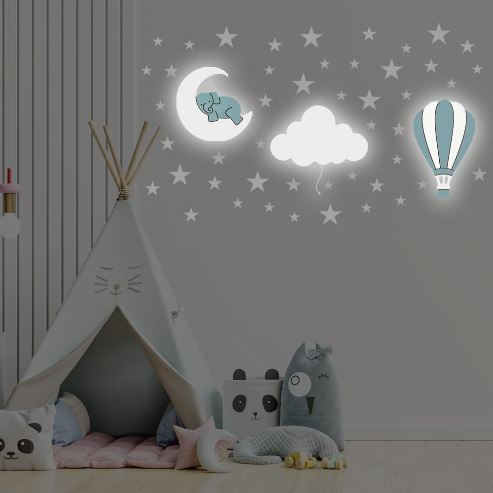 Dreamy Skies Nursery Wall Set – Elephant on Moon, Hot Air Balloon & Star Stickers (Blue Theme)