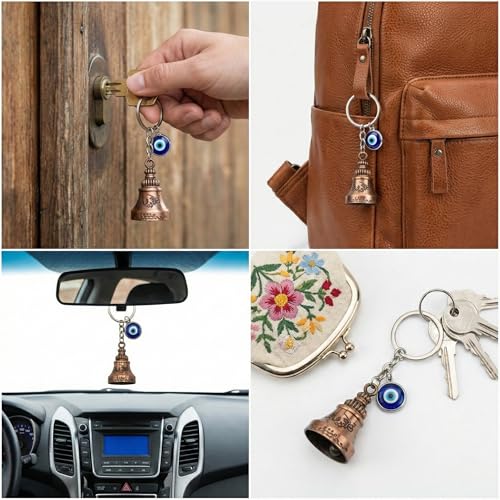 Image of Rakshakart Guardian Bell Evil Eye Keychain for Bike, Car & Home - Good Luck Nazar Charm Ghanti (Metal Protection Bell for Positive Energy)
