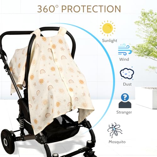 Image of Car Seat Cover Baby Girls Boys, Summer Cotton Baby Car Seat Cover for Carseat, Comfortable Muslin Nursing Cover, Soft Baby Blanket, Breathable Lightweight Infant Stroller Canopy, Rainbow