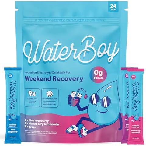 Waterboy Weekend Recovery Variety | 3,200mg Electrolyte Powder Packets | Ginger + L-Theanine + Vitamins | No Sugar, All Natural, Gluten Free | 24 Drink Stick Mixes (Variety Pack) Cover