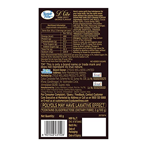 Image of Sugar Free D'lite Zesty Orange Flavour Dark Chocolate Bar, 40 G (Pack Of 6) - 270 Gm