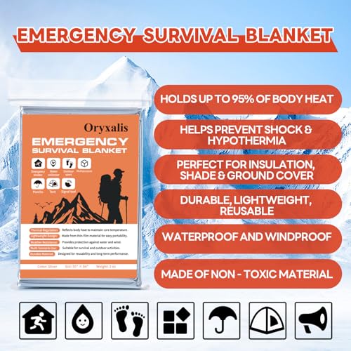 Emergency Mylar Thermal Blankets, 10-Pack Silver Space Blanket for Survival Kit, Winter Car Emergency & Outdoor Camping Safety. Body Heat Reflective Foil Blankets for Survival Gear & First Aid