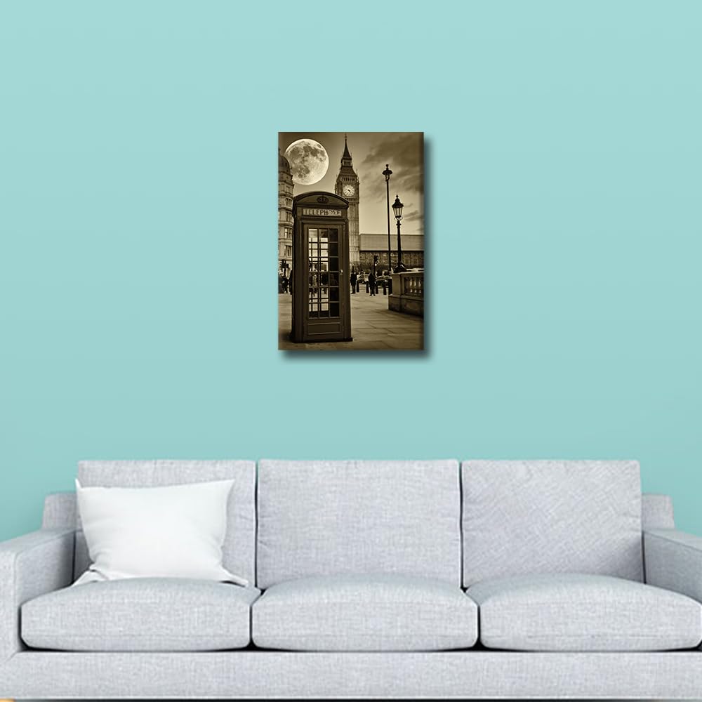 Black and White London The Big Ben Canvas Wall Art England Cityscape Painting Moon and A Phone Booth Pictures for Living Room Framed Stretched Ready to Hang 24x16 inch - Image 3