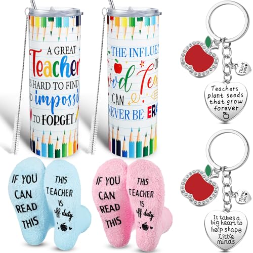 Geiserailie 6 Pieces Christmas Teacher Appreciation Gift Sets Thank You Gifts Includes 20 oz Stainless Steel Tumblers Cup Unisex Crew Socks Teacher Keychains for Graduation(A Good Teacher)