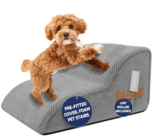 PAWZY Foam Pet Stairs for Small Dogs & Cats – 2-Step Dog Ramp 12” High, Wide Non-Slip Steps for Bed & Couch – Washable Pre-Fitted Cover (no Assembly Required), Waterproof Base – Grey