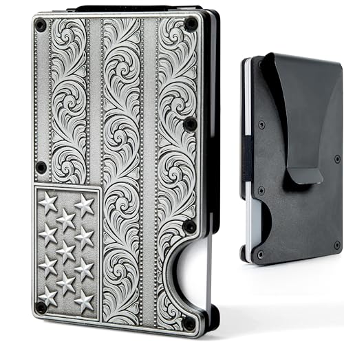 Itera American Flag Wallet Flourish Engraved Silver Metal Cardholder/WITH REMOVABLE Money Clip for Men with RFID Blocking - Slim, Stylish, and Secure Credit Card Holder