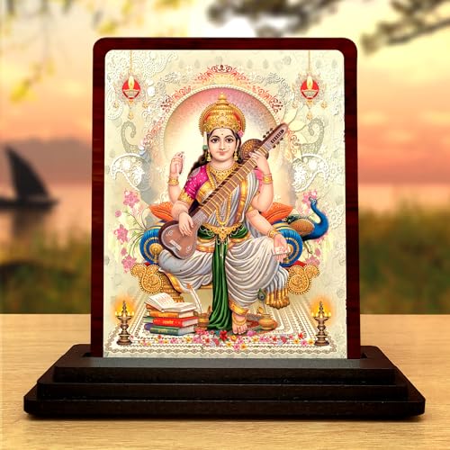 Image of Maa Saraswati Murti for Car Dashboard & Study Table - Small Decorative Saraswati Idol for Student Gifts & Office Desk - Sacred Religious Figurine for Wisdom and Learning