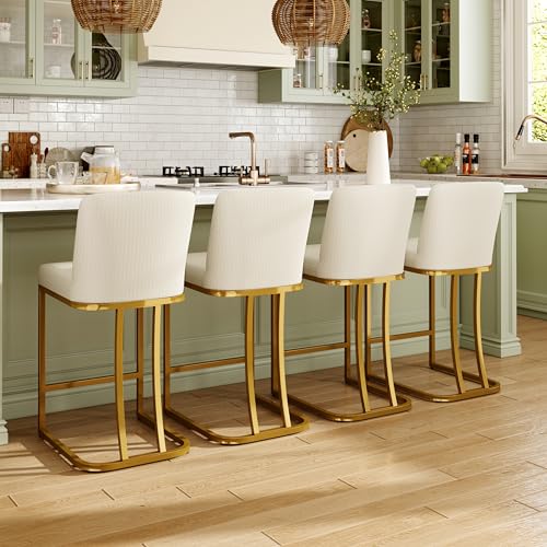 MAISON ARTS White & Gold Counter Height Bar Stools with Backs Set of 4 for Kitchen Counter 24 Inch Modern Luxury Barstools Upholstered Faux Leather Farmhouse Bar Chairs Island Stools Support 330LBS