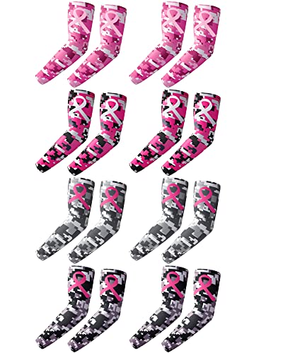 Geyoga 8 Pair Breast Cancer Awareness Sleeves Pink Ribbon Arm Sleeves Cooling Baseball Compression Arm Cover Sleeve for Women(Medium)