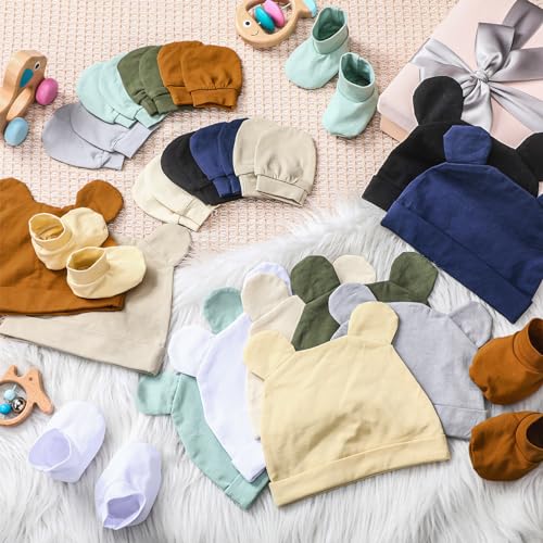 Image of Toulite 10 Set Newborn Baby Socks Hat and Mittens Soft Ankle Sock Newborn Beanie Mitten for Boys Girls 0-6 Month Infant