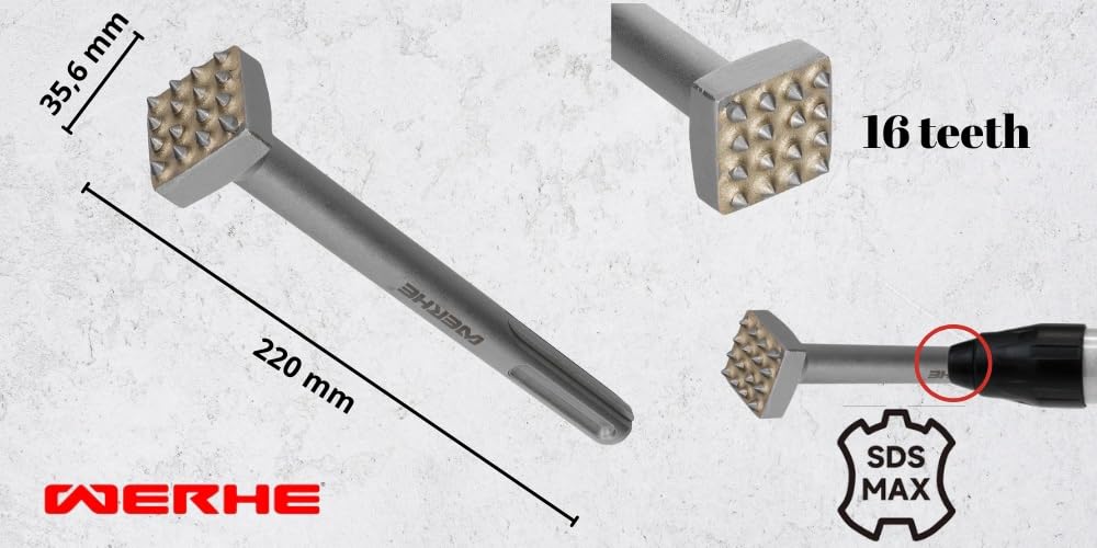 WERHE Burin de bouchardage SDS MAX 16 dents, 220 mm – Pour le traitement du béton et de la pierre